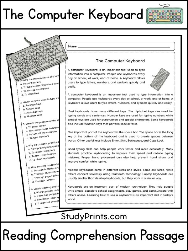 The Computer Keyboard Reading Comprehension Passage and Questions | Printable PDF product image (1)