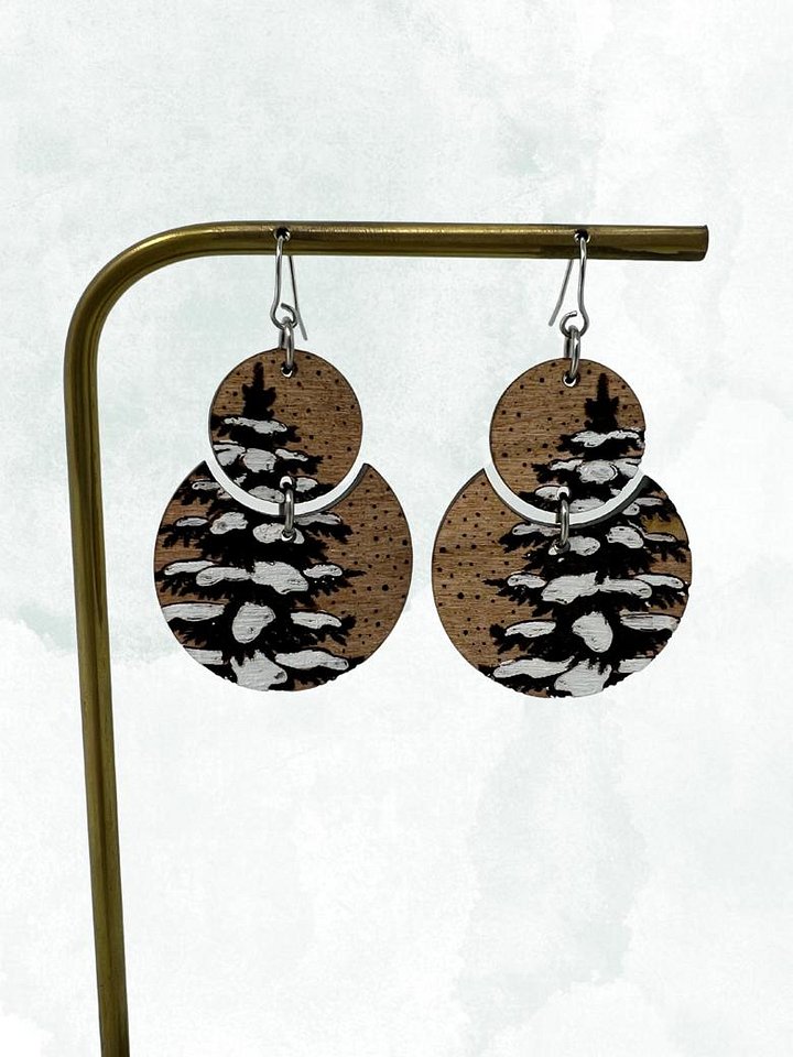 Hand Painted Snowy Tree Wood Earrings product image (1)