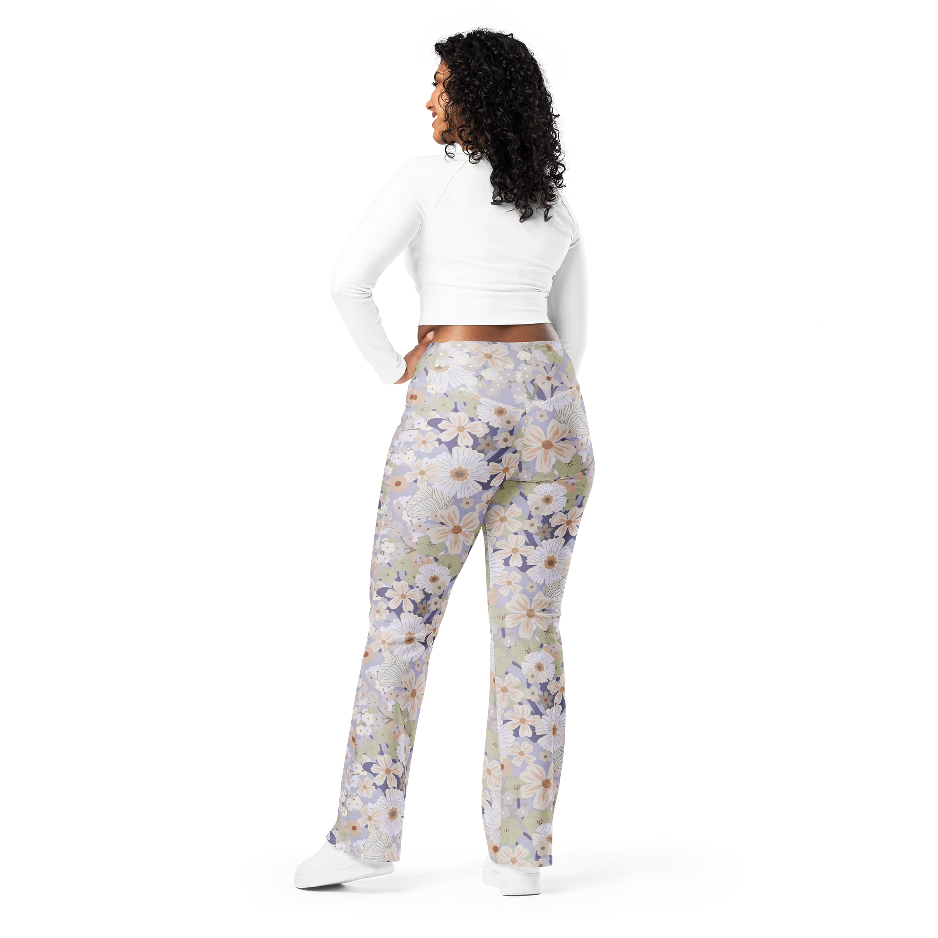 Khaki Green Blue Floral Flare Yoga Leggings product image (3)