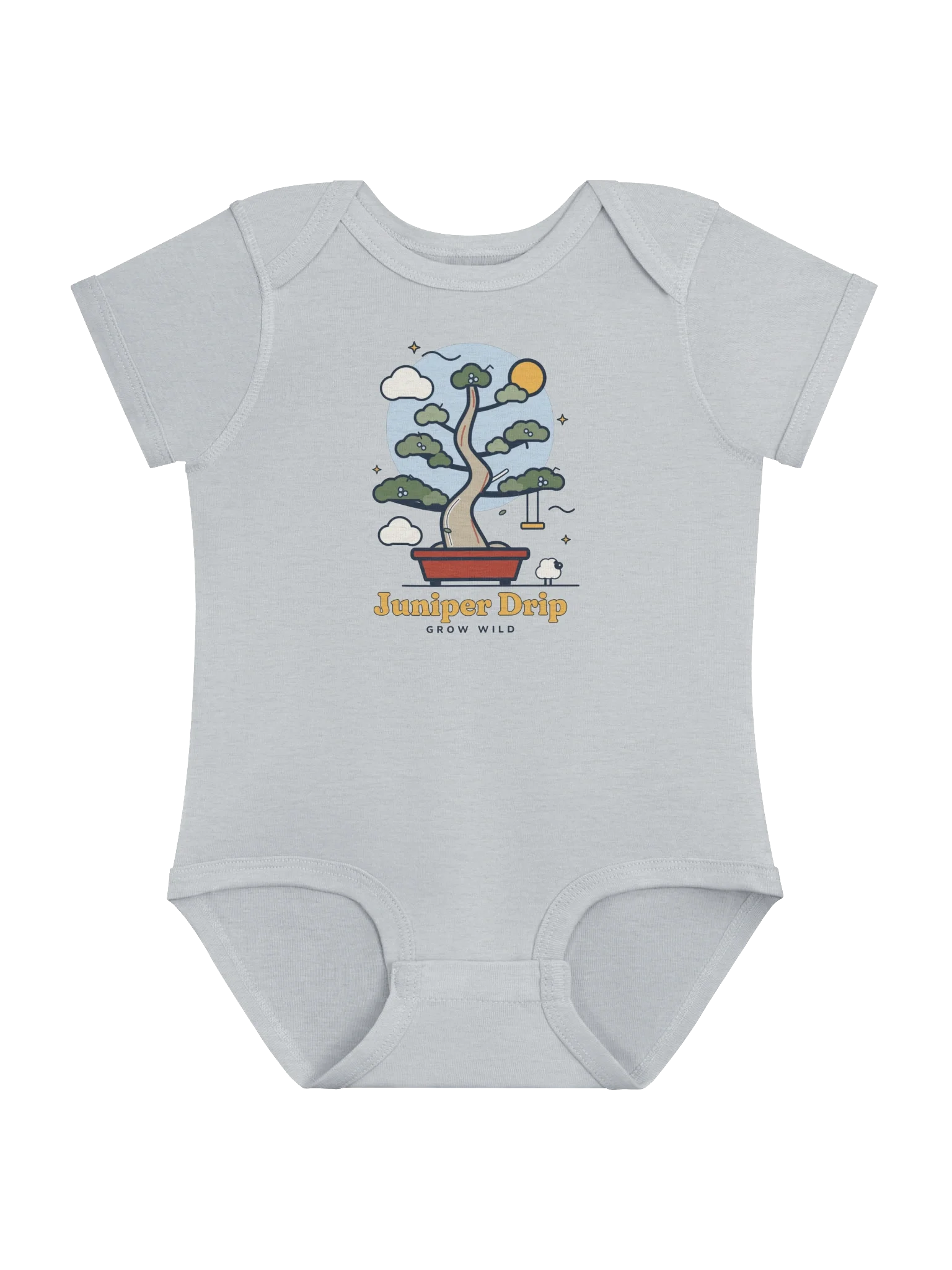 Wild Juniper Baby Bodysuit in Heather: a juniper bonsai tree with a rope swing and a tiny sheep