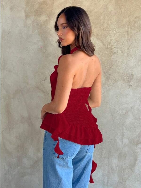 Red Halter Backless Ruffle Floral Applique Top | ADLEST product image (2)