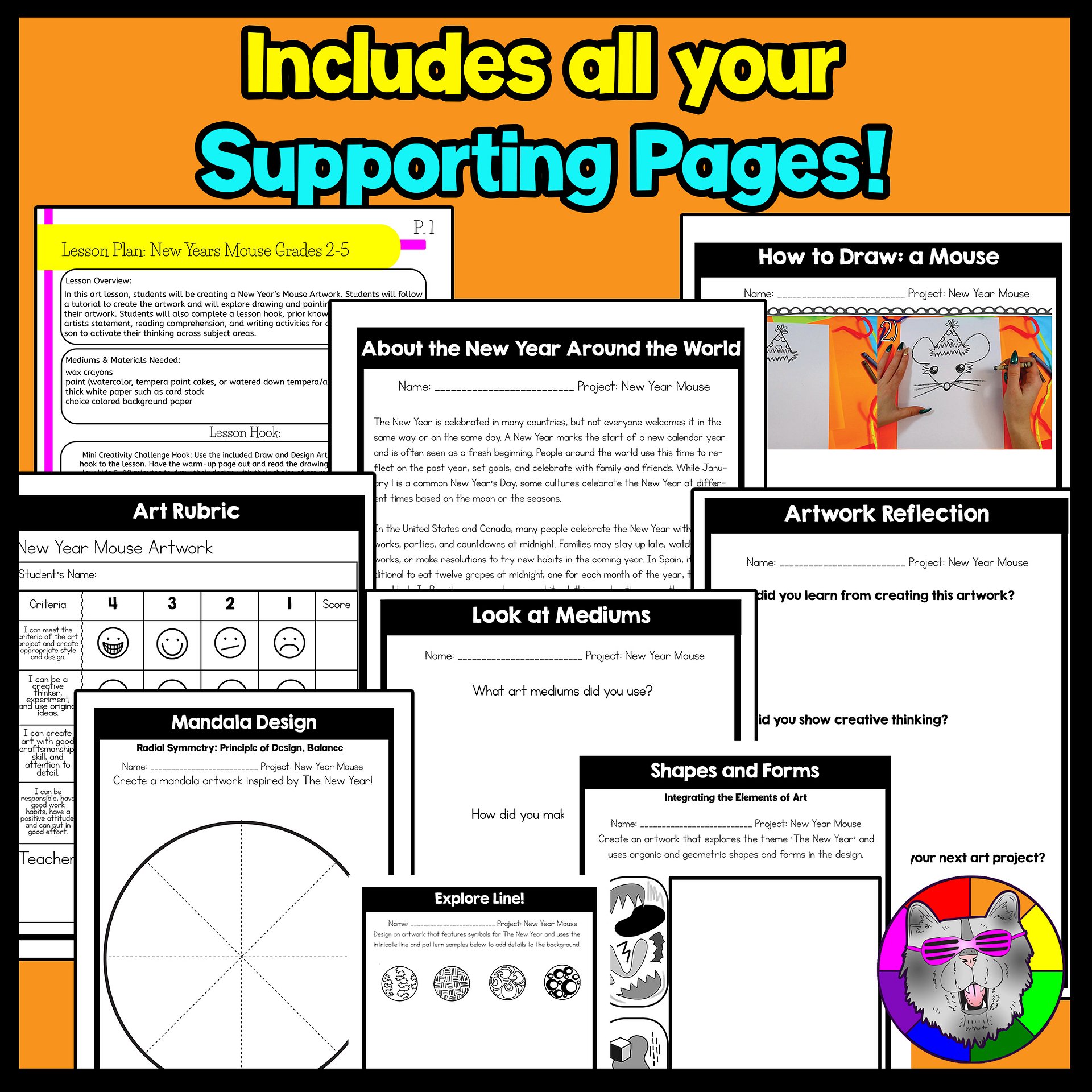 New Years Art Lesson, New Year Mouse Art Project, Winter Art Activity with Reading Comprehension & Writing (Grades 2–5) product image (3)