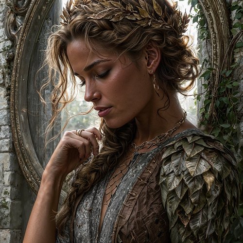 She stands before her own reflection and barely recognizes herself. The mirror behind her is ornate, ancient—a frame for beco...