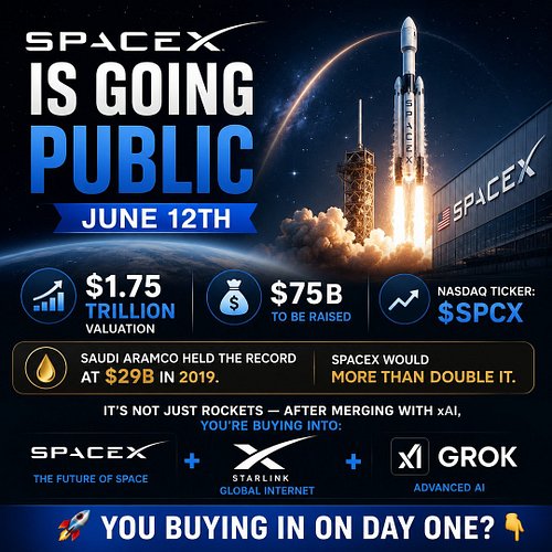 🚀 SpaceX is going public on June 12th, potentially the biggest IPO in history!
$1.75 TRILLION valuation. $75B raise. Nasdaq t...