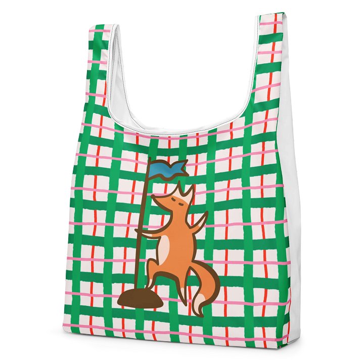 Whimsical Fox Tote Green Plaid Reusable Market Bag product image (2)