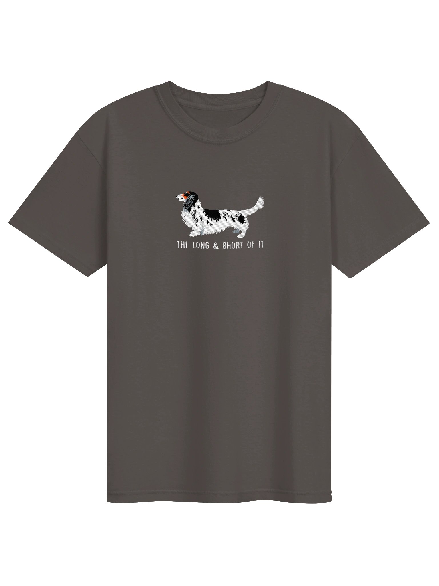 The Long & Short of It T-Shirt(Embroidered) of a Longhaired Dachshund(Pied Black & White) product image (6)