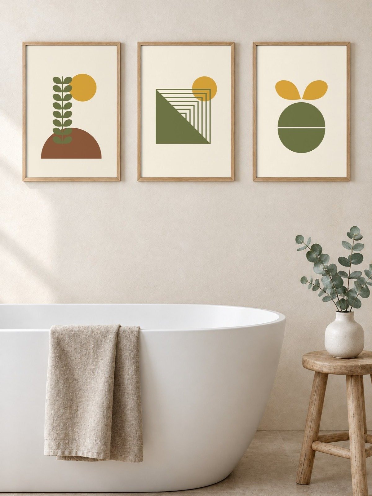Retro Bathroom Wall Art Set of 3 | Olive and Mustard 70s Prints product image (1)