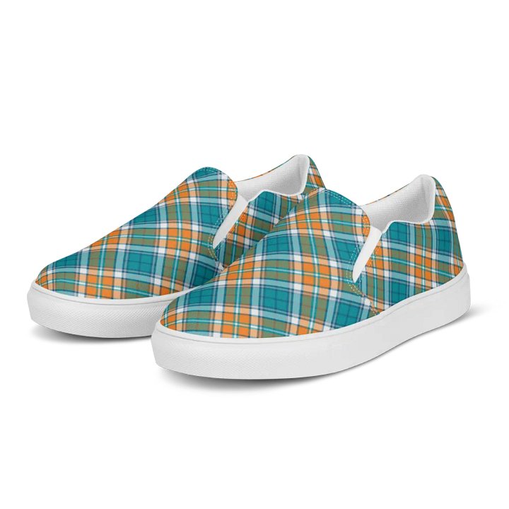 Turquoise and Orange Sporty Plaid Women's Slip On Shoes product image (2)