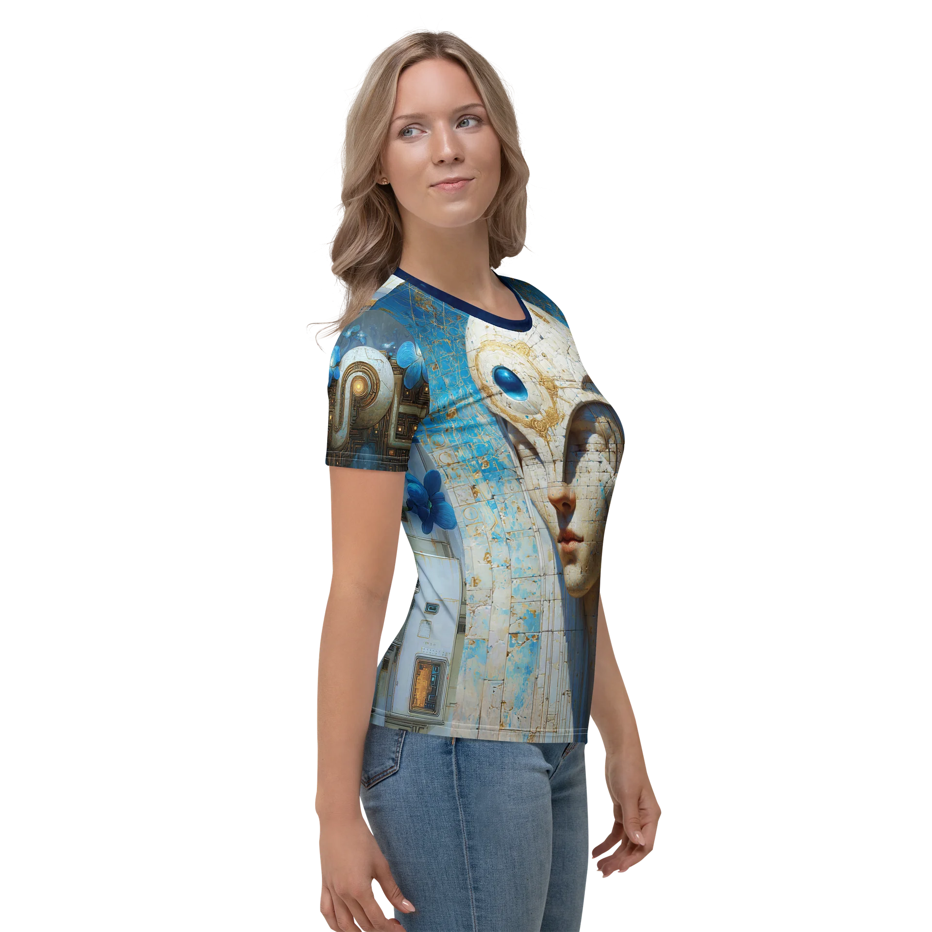 Vitruvian Custodian — Techno-Classical Relic Portrait T-Shirt | Ancient Circuit Figure in Blue & Stone product image (5)