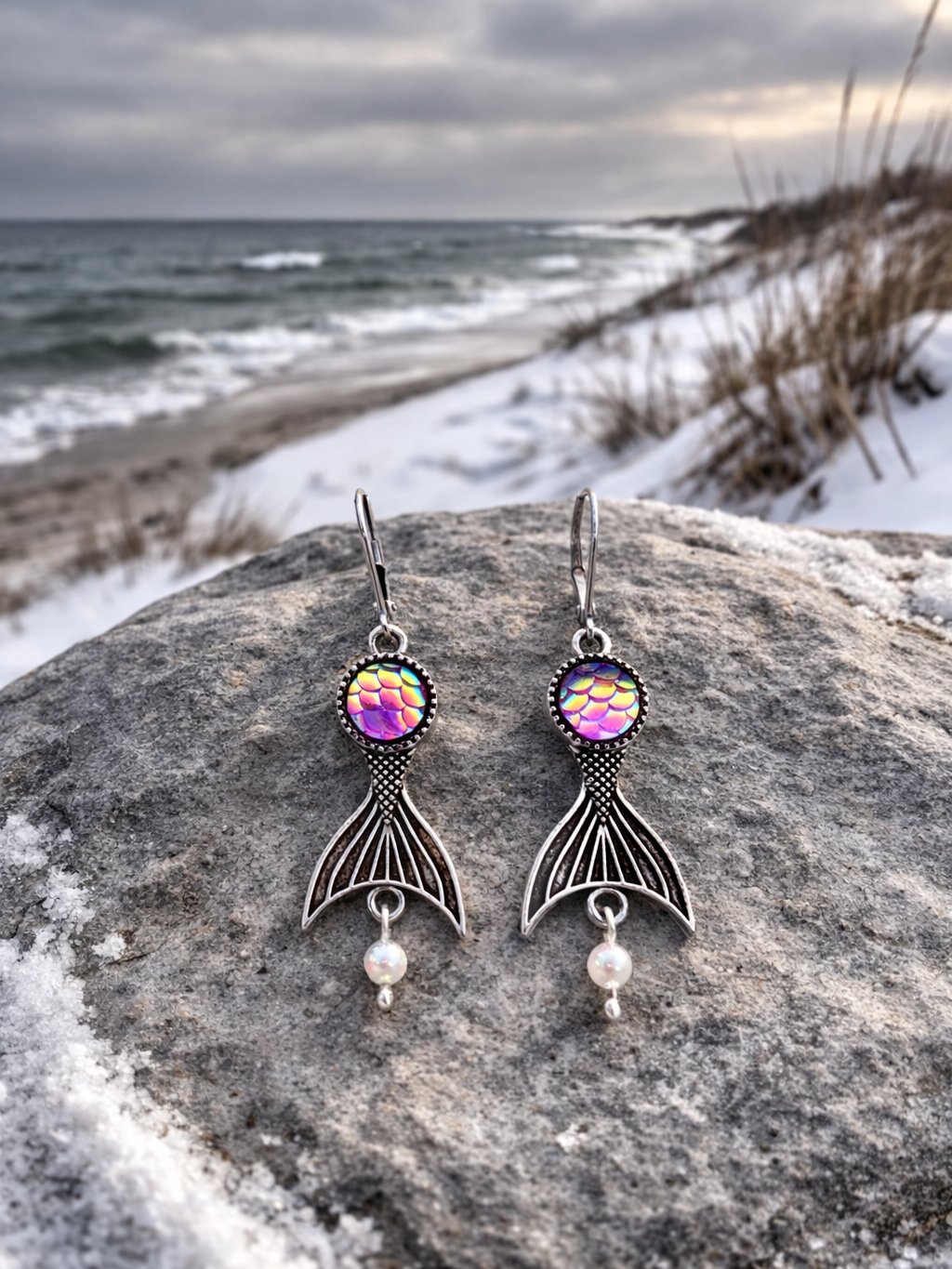 MFD-00304 | Winter Tide Mermaid Tail Lever Back Earrings – Stainless Steel Coastal Jewelry product image (2)