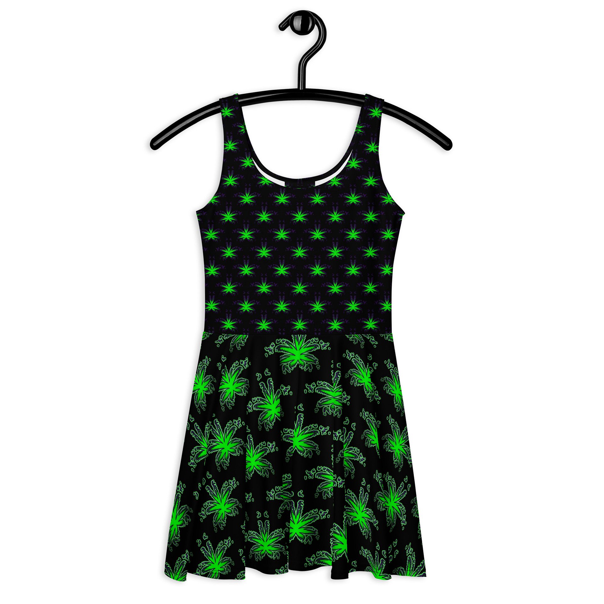 Cannabis Stoner Skater Dress, Pot Leaf Festival Outfit, 420 Weed Rave Wear, Black Neon Green Ganja Goth Clothing, Fun Alternative Fashion product image (4)