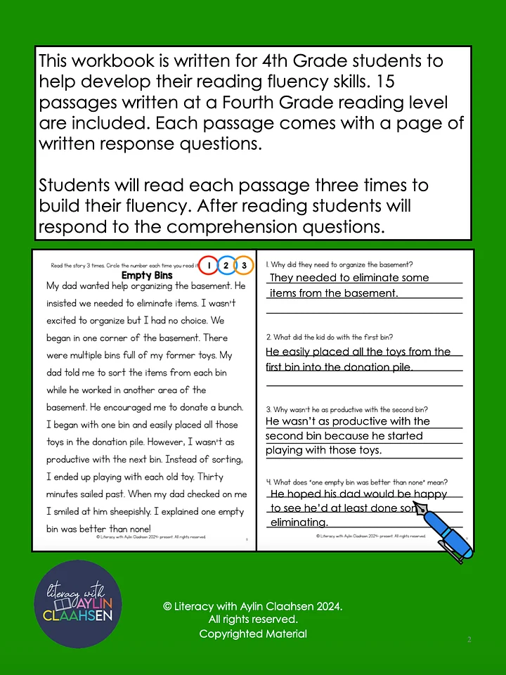 4th Grade Fluency Passages with Comprehension Questions Workbook product image (2)