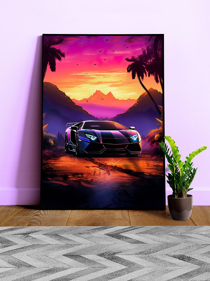 Synthwave aesthetic sport car Lamborghini with palms [synthwave/vaporwave/cyberpunk] — aesthetic art print product image (1)
