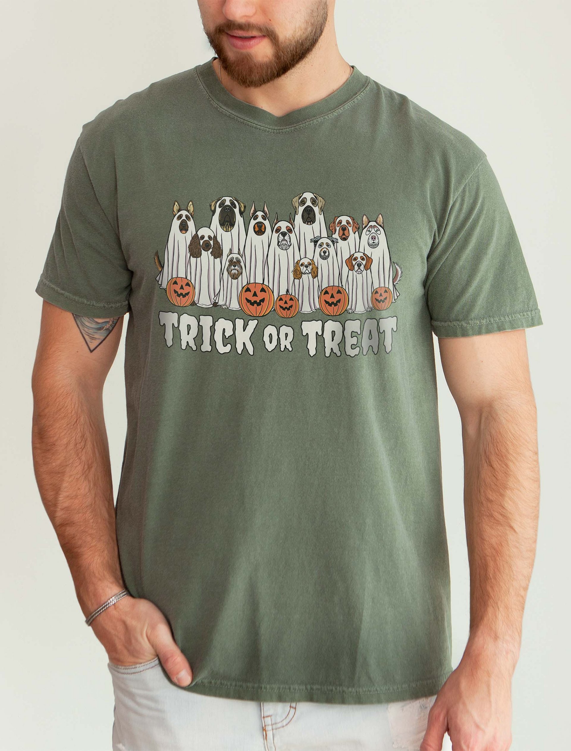 Trick or Treat Funny Halloween Dogs T-Shirt | Funny Dogs Wearing Ghost Costumes and Holding Pumpkin Baskets product image (2)