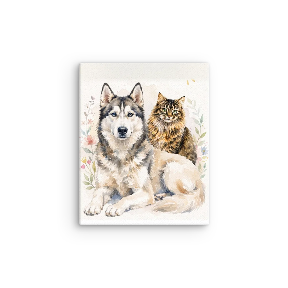 Husky and Fluffy Cat Watercolor Canvas Wall Art product image (1)