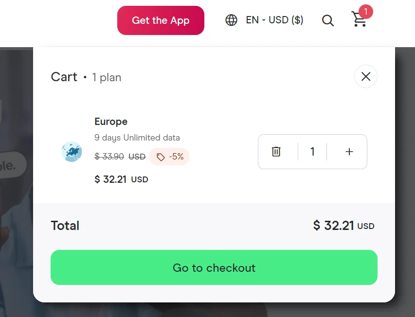 Holafly Europe eSIM in cart, 9-day Unlimited data, code THEDUFRESNES applied for 5% off, price reduced from 33.90 to 32.21 USD.