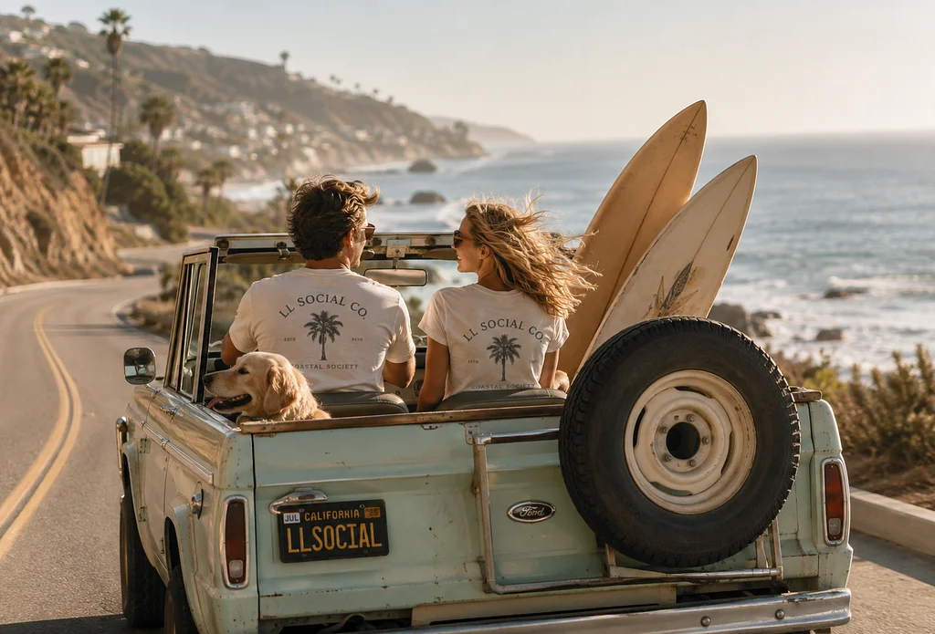 Couple wearing LL Social Co. coastal T-shirts driving a vintage convertible along the California coast with surfboards, a golden retriever, ocean cliffs, and sunset views.