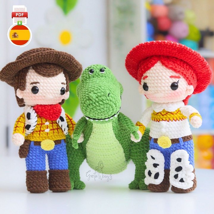 Combo de Patrones Amigurumi Inspirados en Toy Story - T-Rex, Woody y Jessie (3 PDF) product image (1)