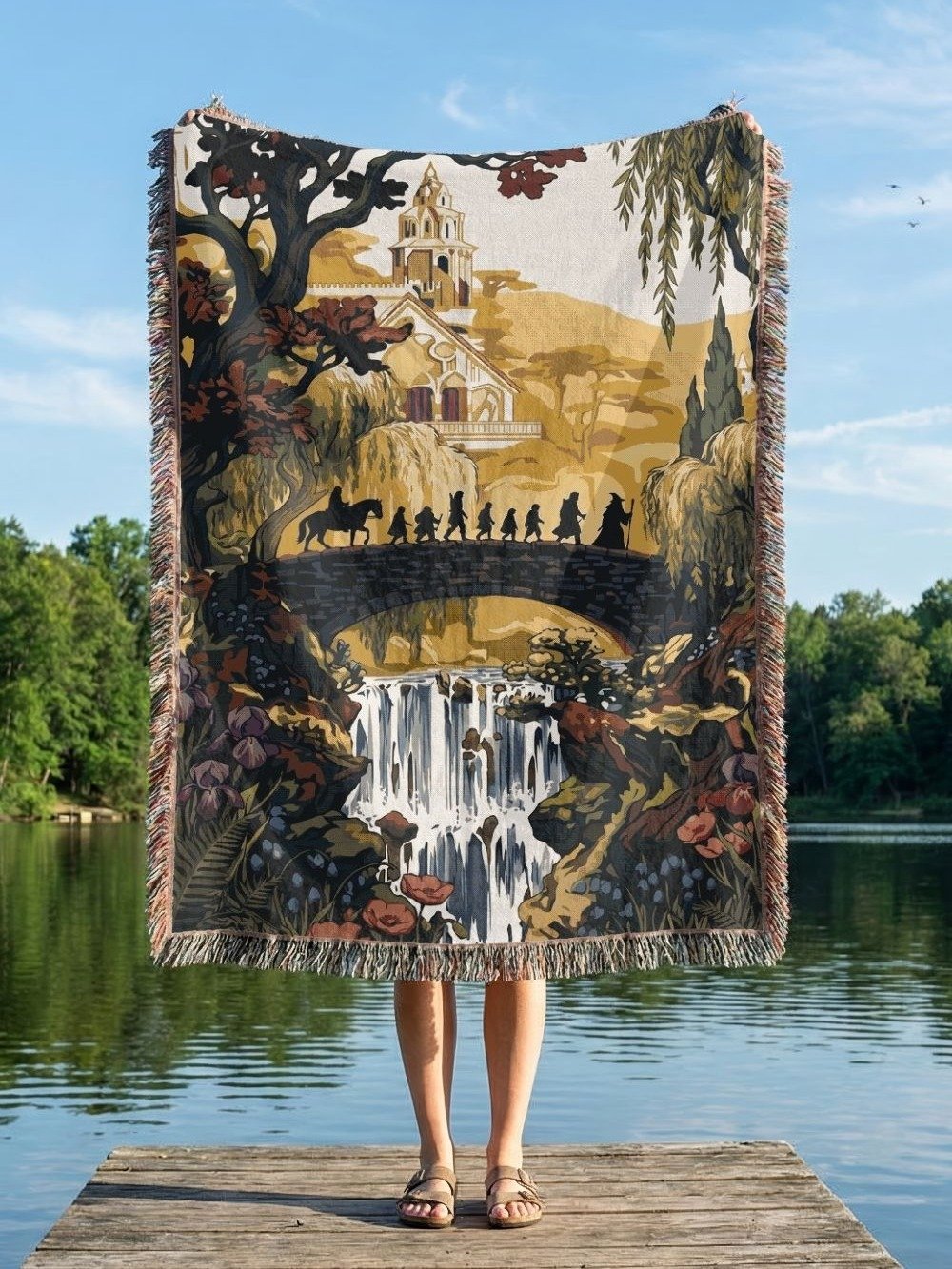 Autumn Fantasy Journey Woven Tapestry — Wizard & Travelers Bridge, Waterfall Throw Blanket product image (5)