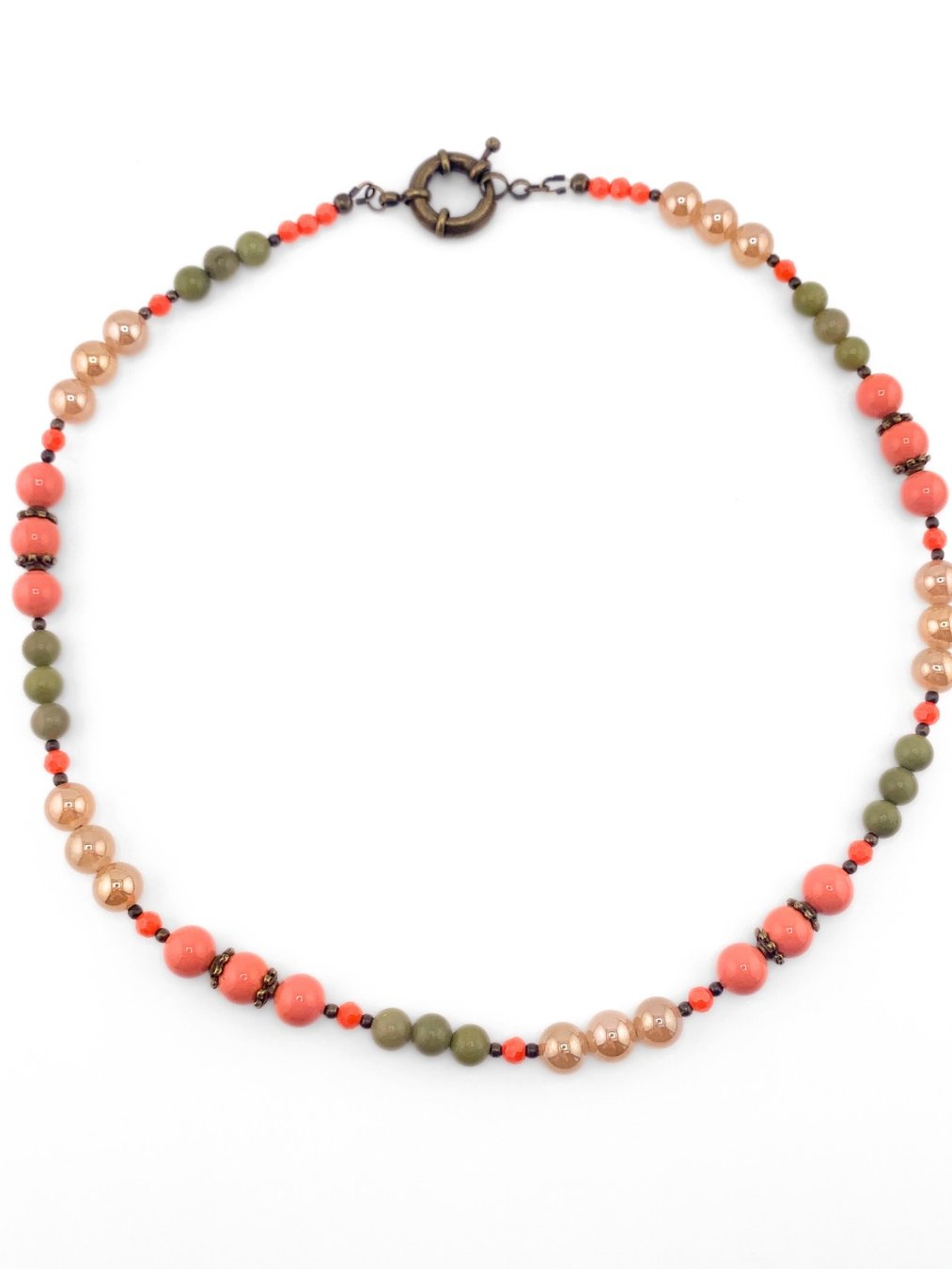 Glass Beaded Single Strand Necklace Set - Peach, Green product image (8)