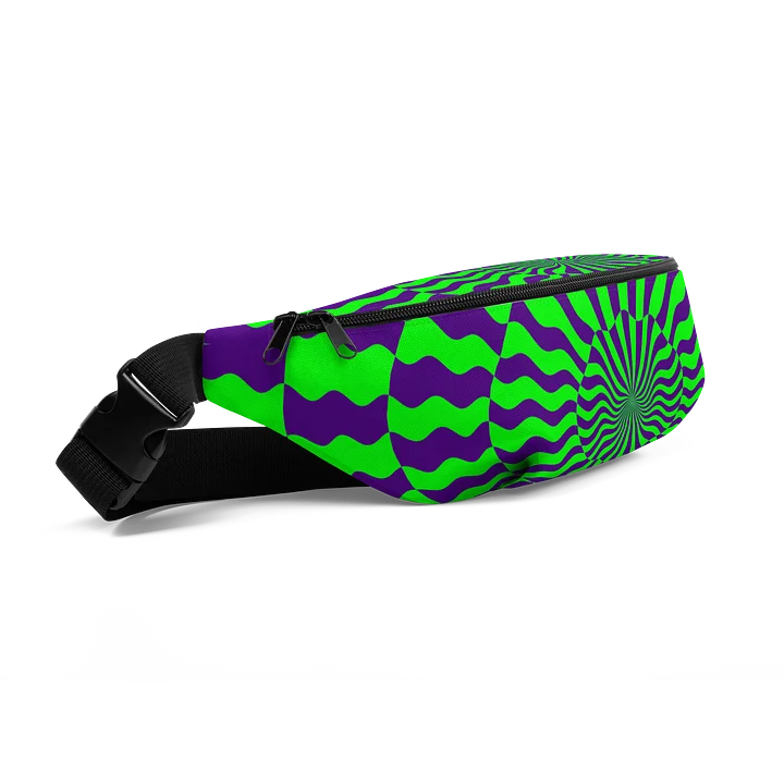 Psychedelic EDM Festival Fanny Pack, Trippy Techno Rave Fashion Accessory, Neon Green Purple Party Bag, Twisted Checkers Spiral Illusion Art product image (2)