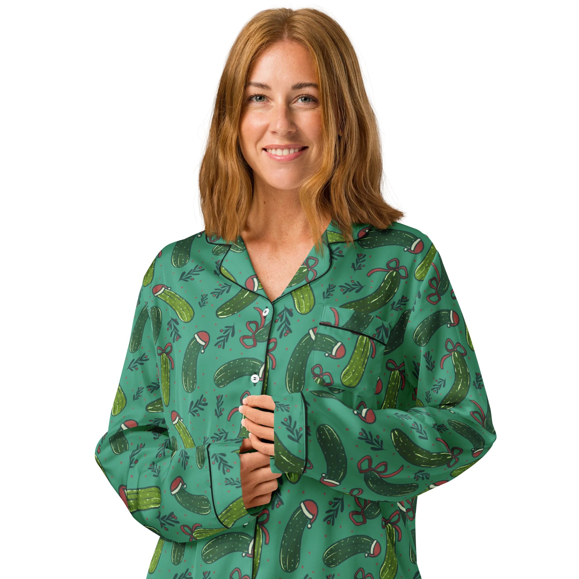 Funny Christmas Pickles Pattern Pyjama Shirt, Dark Green product image (4)