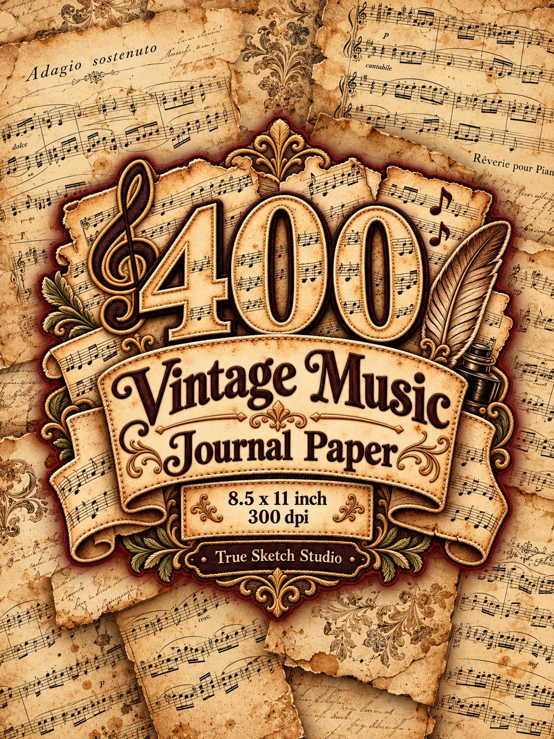 400 Vintage Music Digital Paper Bundle, Aged Sheet Background, Junk Journal Pages, Scrapbook Collage Supplies, US Letter 300DPI JPG Download product image (1)