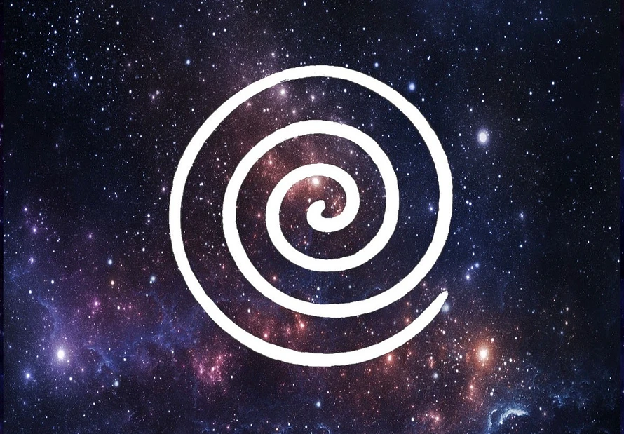 White spiral symbol over a starry galaxy background with purple, blue, and orange star light.