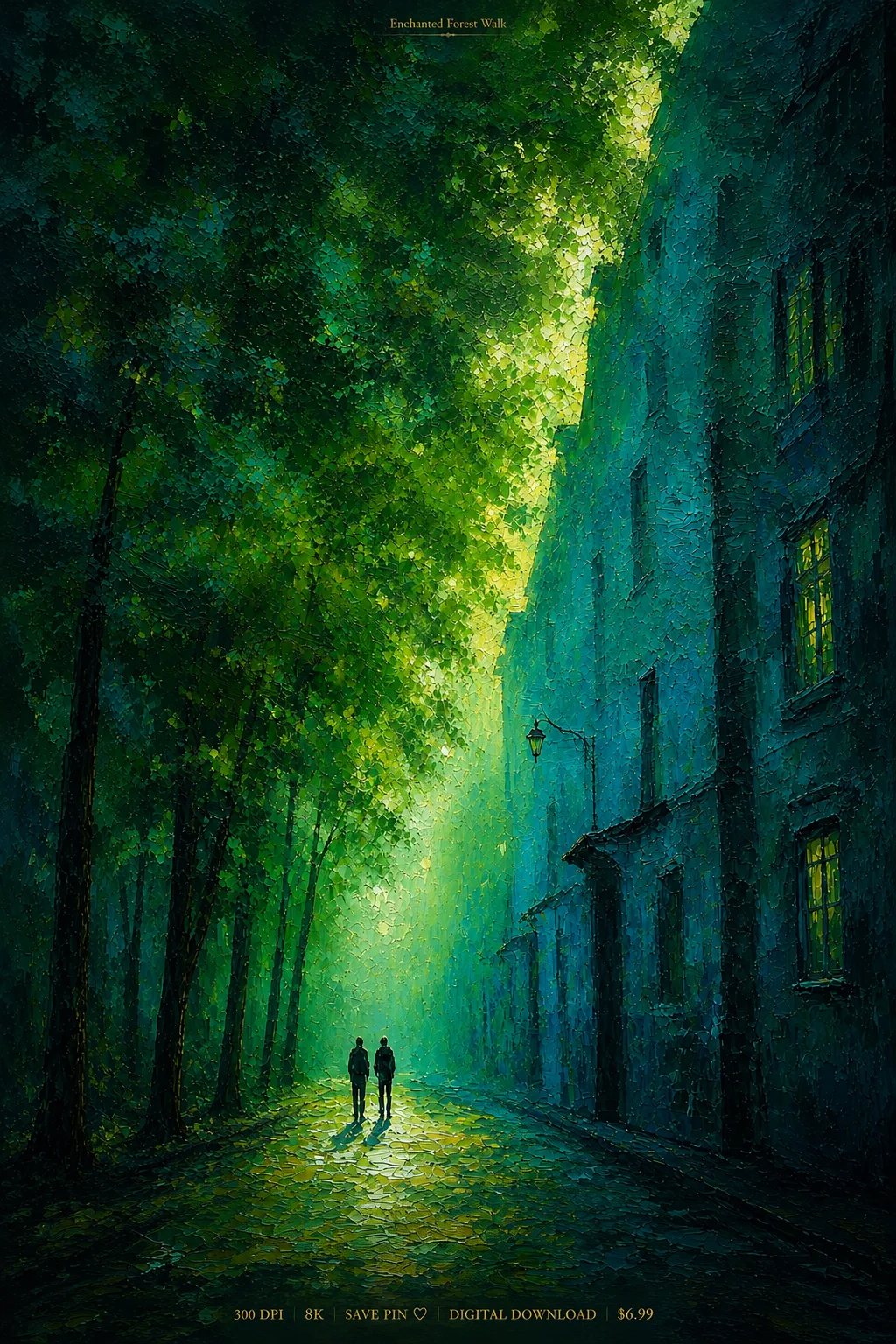 Enchanted Forest Walk Wall Art, Emerald Teal Impressionist Digital Download, Fantasy Nature Decor product image (1)