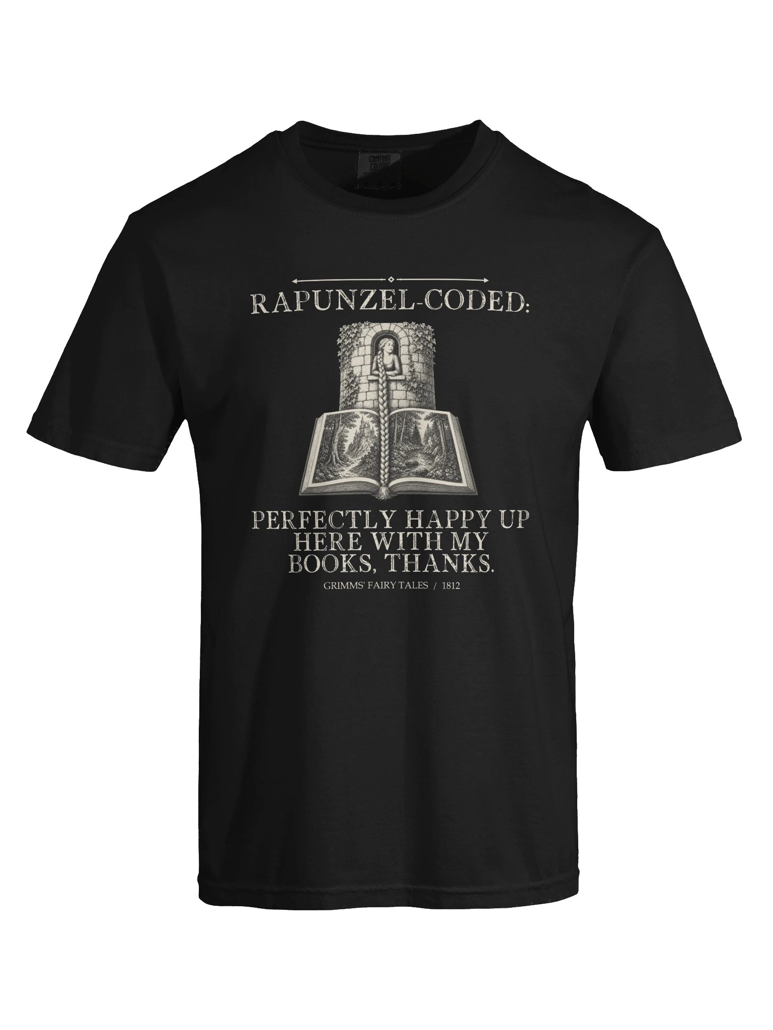 Rapunzel Coded Perfectly Happy Up Here With -- Grimms Fairy Tales Tee (Dark) product image (25)