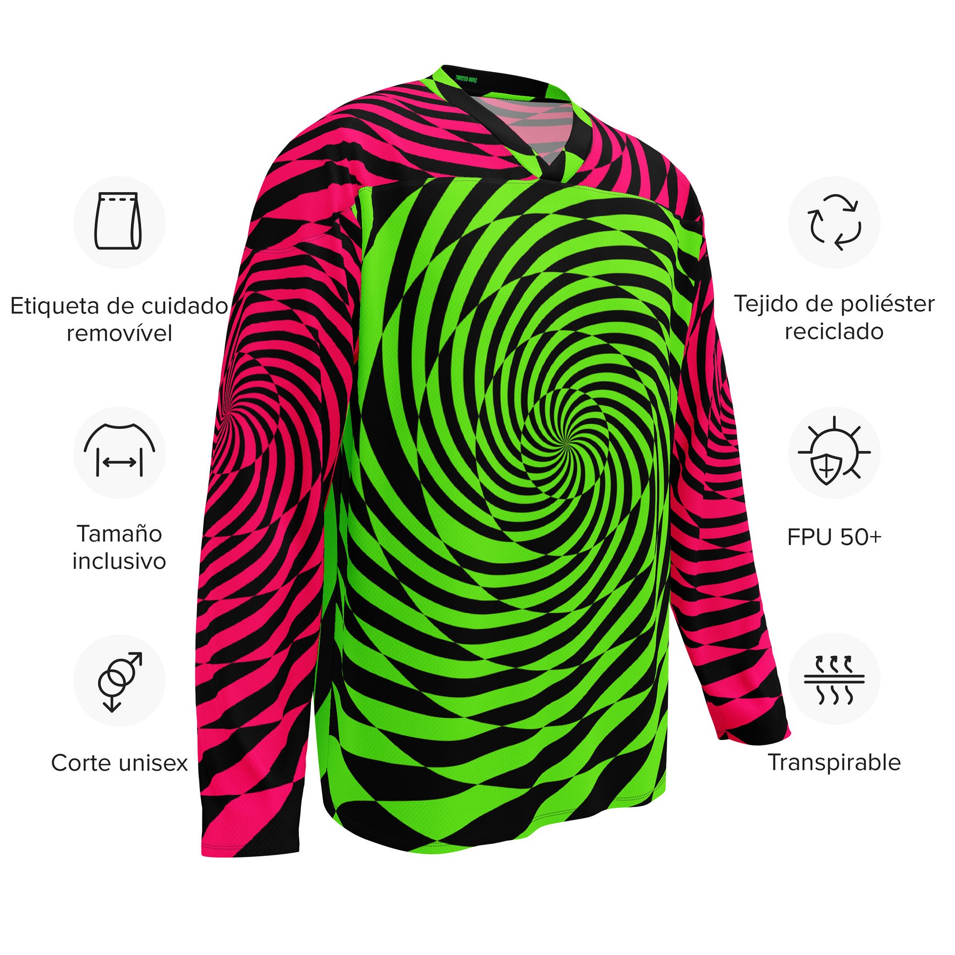 Psychedelic Rave Recycled Hockey Jersey, Trippy Spiral EDM Shirt, Techno Dance Party Festival Top, Neon Green Pink Black Alternative Clothes product image (11)