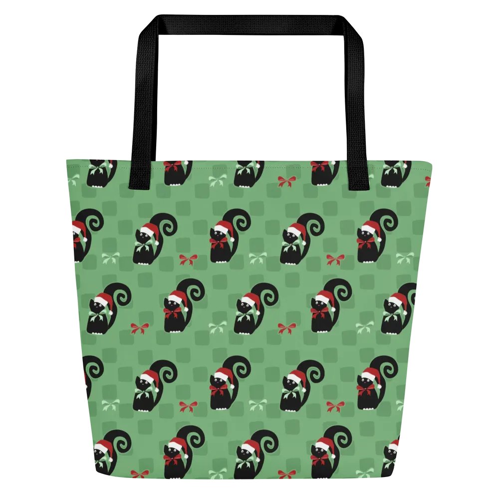 Black Christmas Kitties On Mint Green Checkerboard – Large Tote Bag product image (4)
