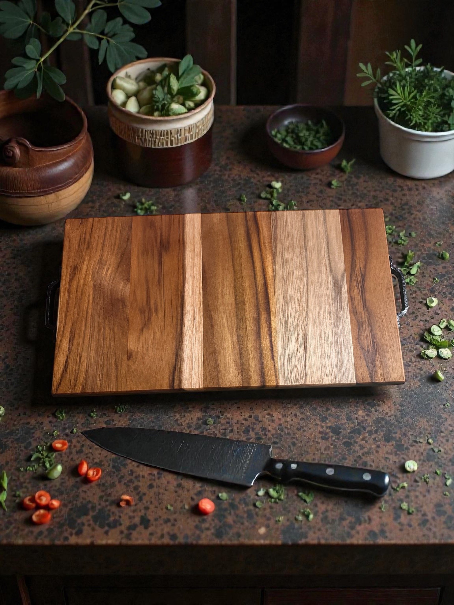 Solid Teak Cutting Board Amish Made Handles Raised Grain Food Safe product image (2)