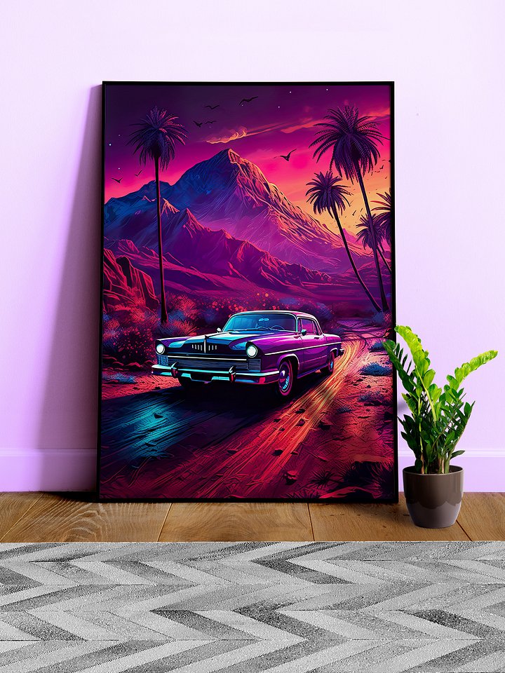 Synthwave aesthetic retro car, 60s car Lincoln/Chrysler [synthwave/vaporwave/cyberpunk] — aesthetic art print product image (1)