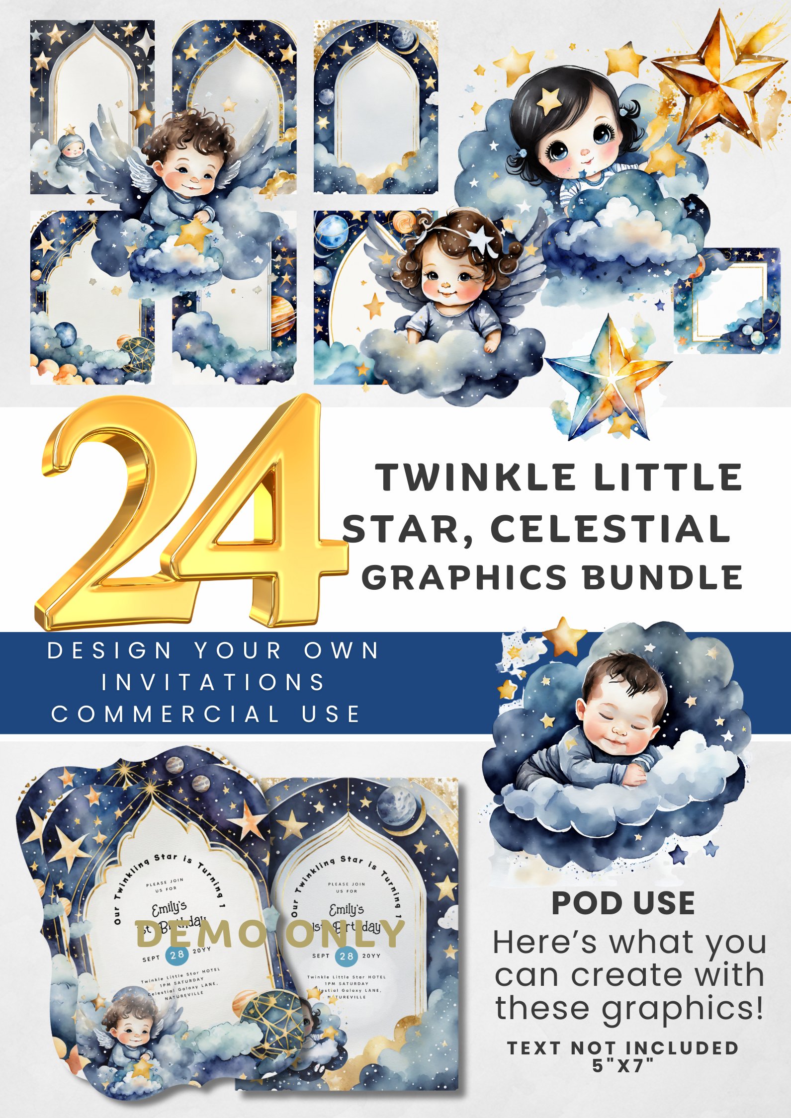 Twinkle Little Star Baby Shower and 1st Birthday Invitation Graphics Bundle product image (1)
