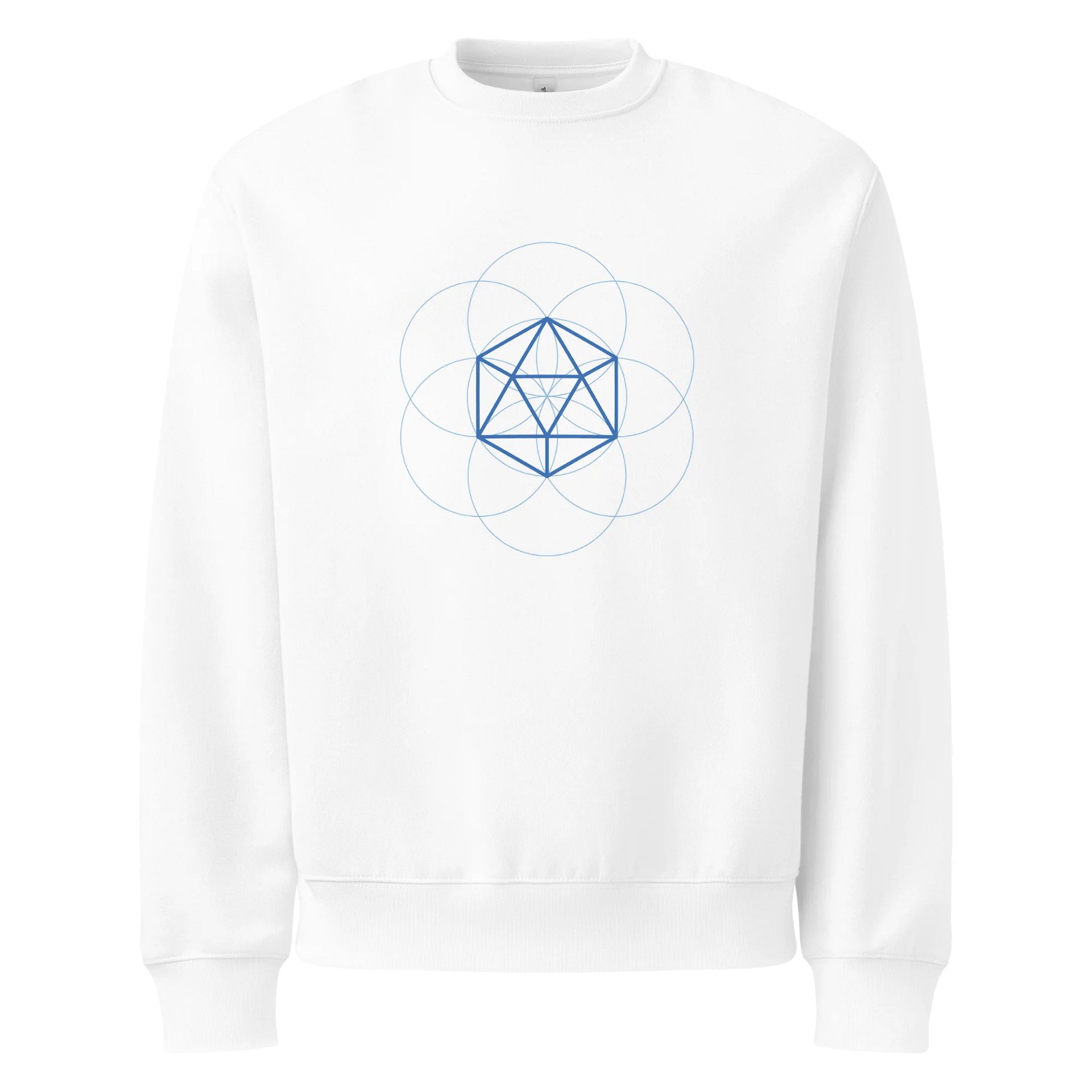 White Sweater – Blue Icosahedron (Centered Front & Upper Back Print) product image (1)