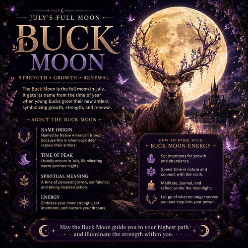 In July, the Full Moon is the Buck Moon, named after the new antlers that emerge from a buck’s forehead around this time of t...