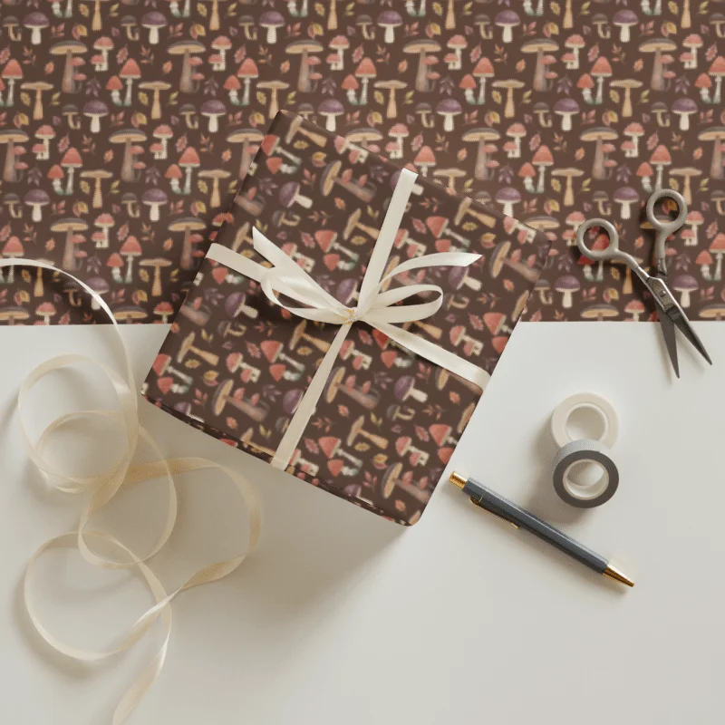 The mushroom haven wrapping paper set (3). Autumn mushroom design on green, brown & beige backgrounds product image (6)