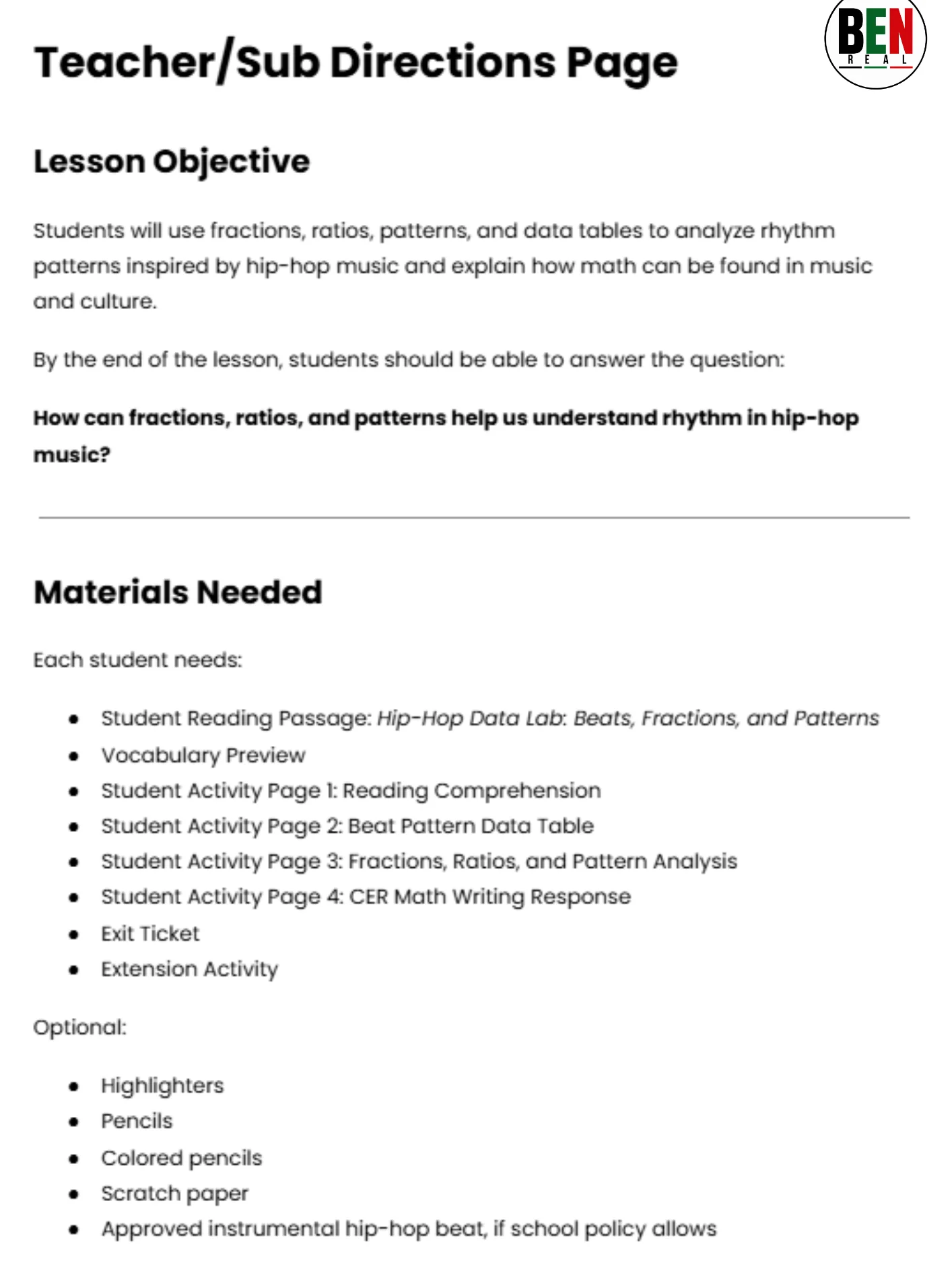 Black History 365 Sub Plan: Hip Hop Data Lab: Beats, Fractions, and Patterns| Middle School Math| 60-Minute Lesson product image (4)