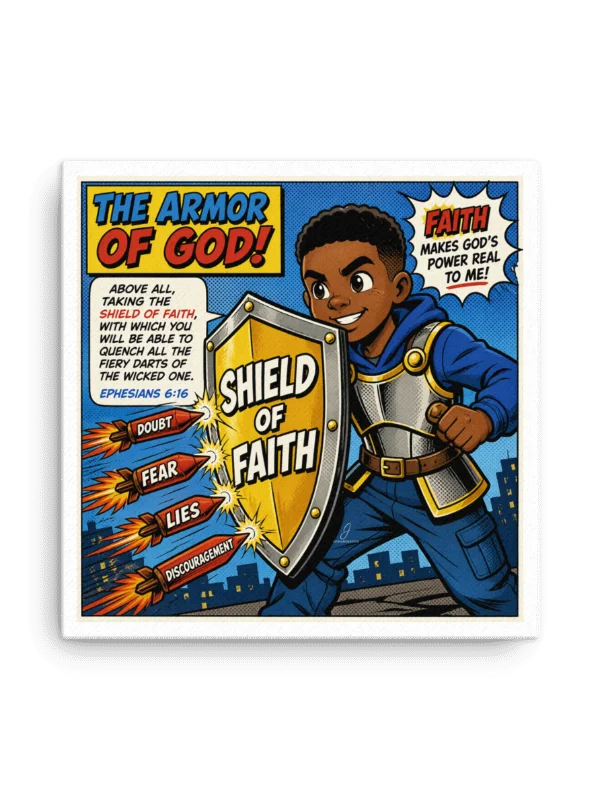 Shield of Faith – Armor of God Comic Canvas (16″×16″) product image (1)