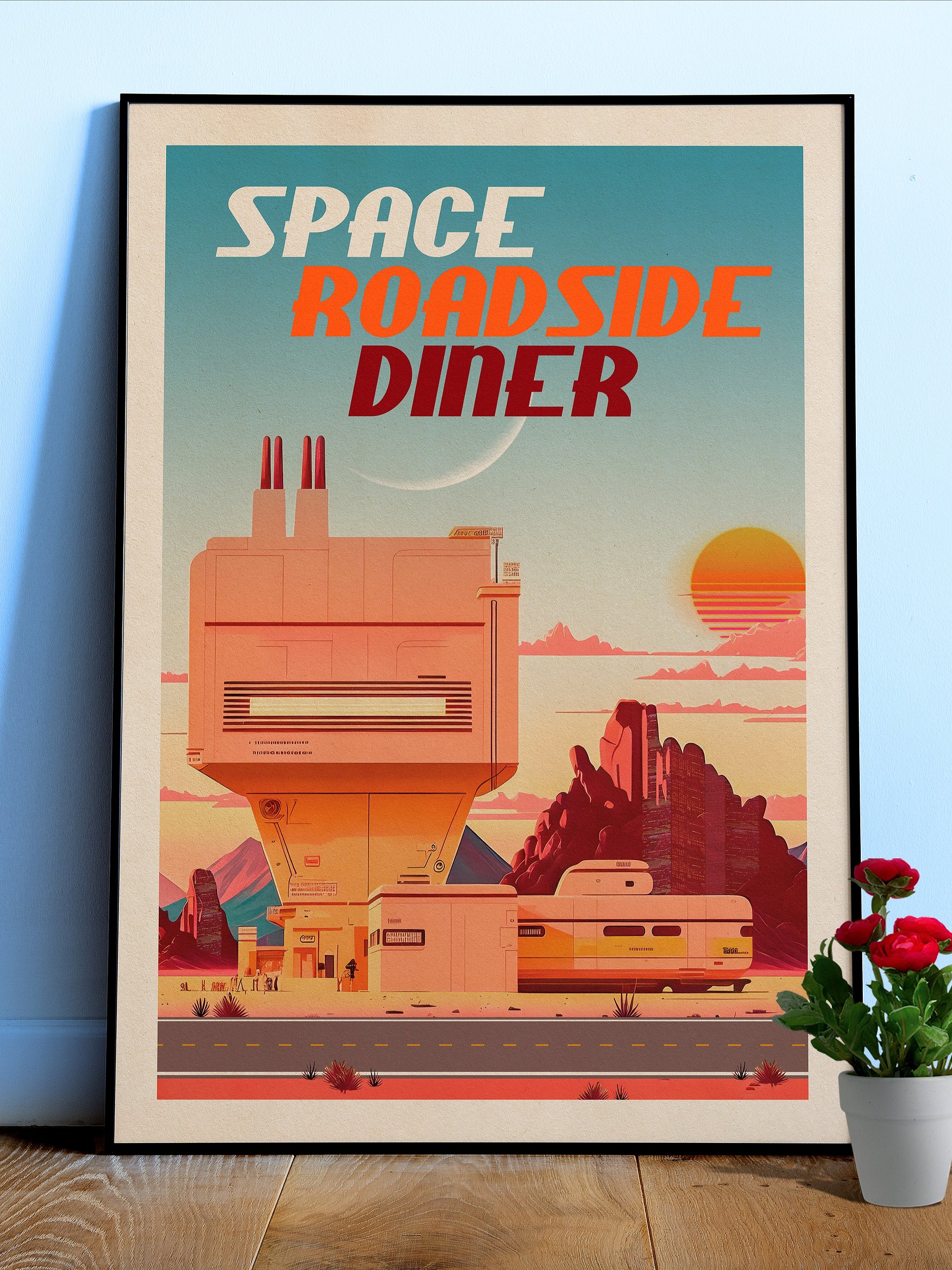 Space Roadside Diner — Vintage space poster, retro space art, propaganda poster, retrofuturism art, retro sci-fi print product image (1)