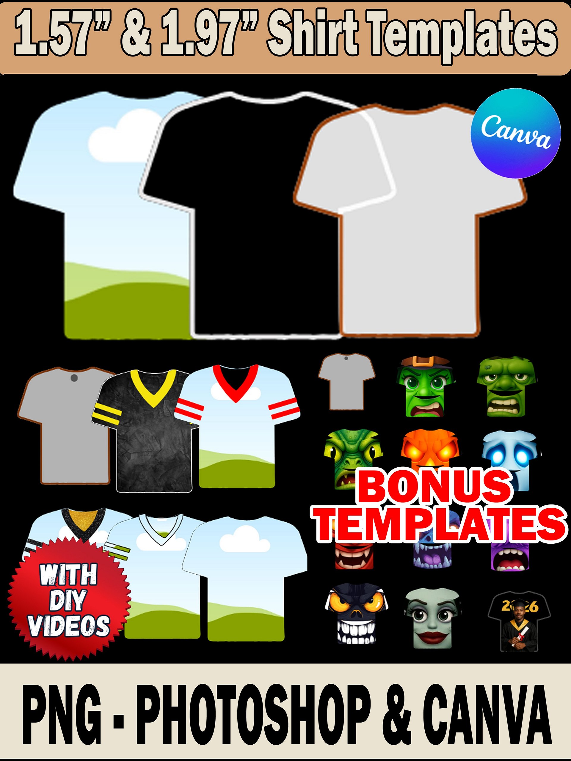 VIP Members Only! 1.5 and 1.97 inch Templates / Editable in Canva - PSD and PNG Files / How to Sublimate a MDF Wood T-Shirt product image (1)