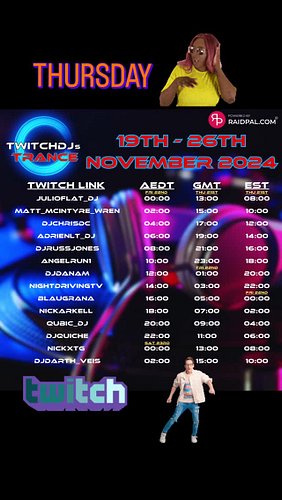 Thursday(today) on #twitch I'm part of the @twitchdjs Trance raid train powered by @raid.pal
My set is at 5pm GMT over at
Twi...