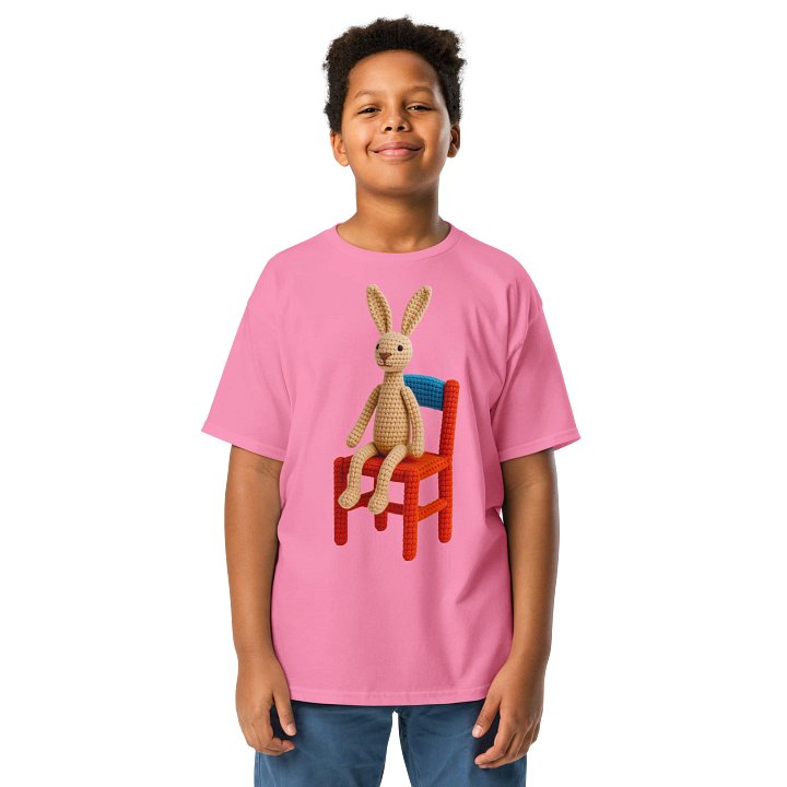 Hare on a Chair Kids T-Shirt: Whimsical Handcrafted Crochet Art product image (6)
