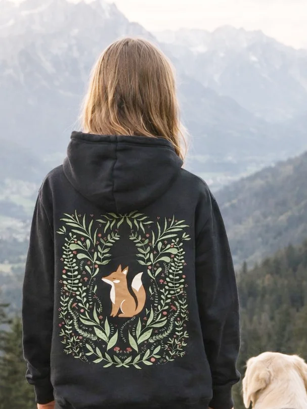 Woodland Fox Hoodie – Cottagecore Botanical Wreath Back Print product image (1)