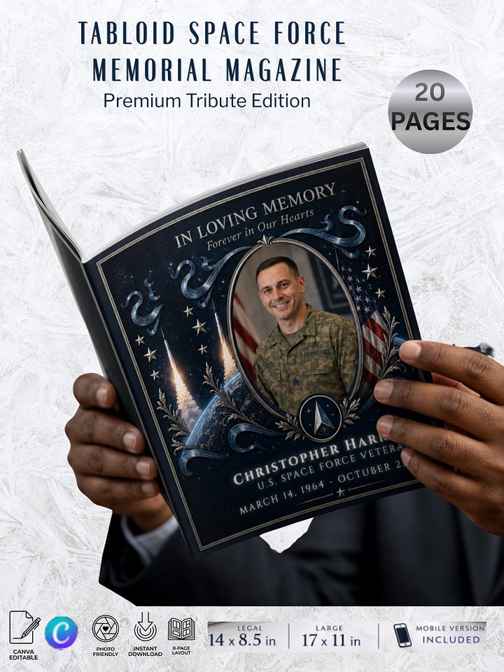 U.S. Space Force Memorial Magazine Bundle - 20 Page Funeral Program & Mobile Tribute - Canva Template product image (2)