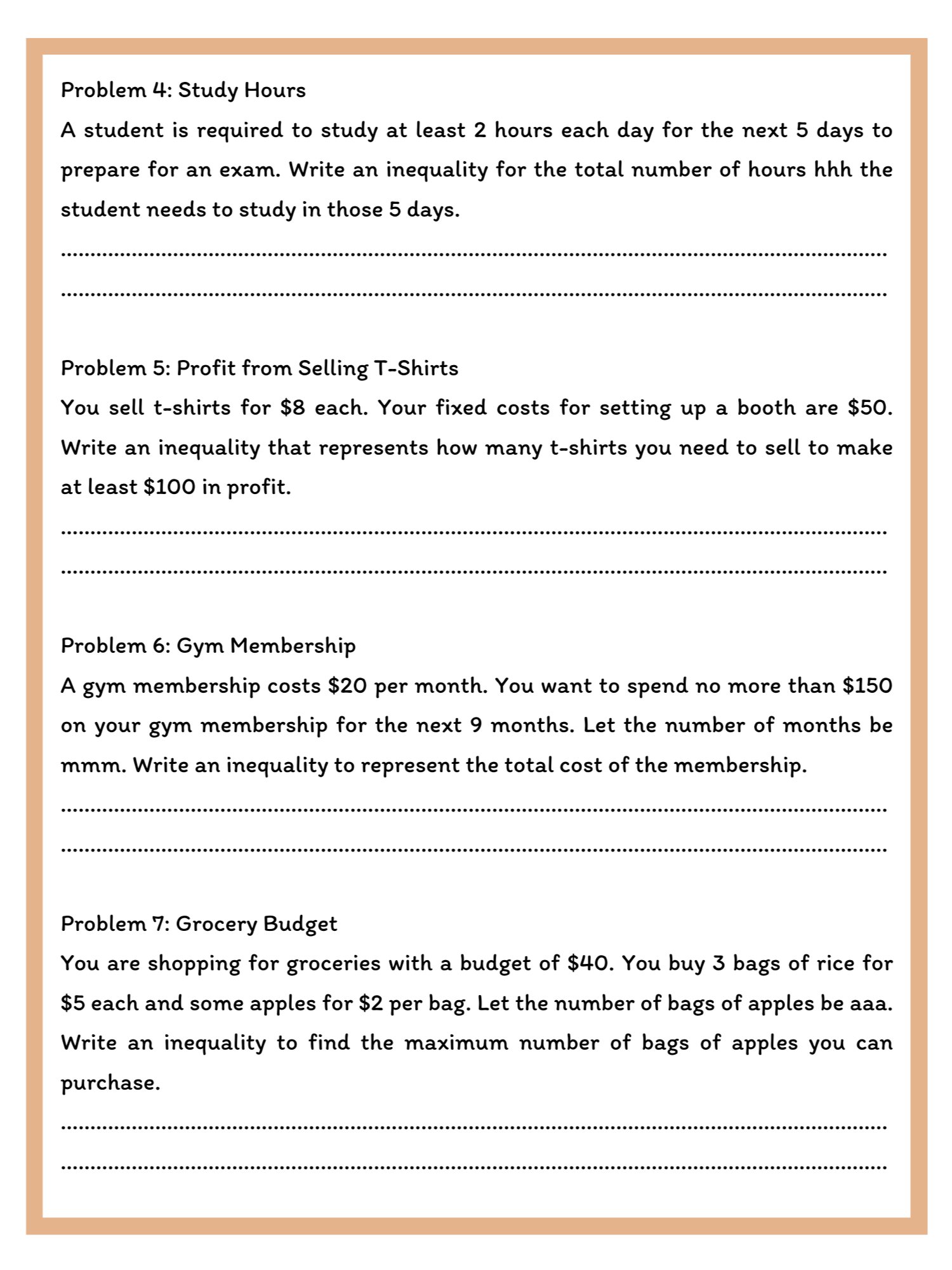 Inequality Word Problems Worksheet with Answer Key product image (2)