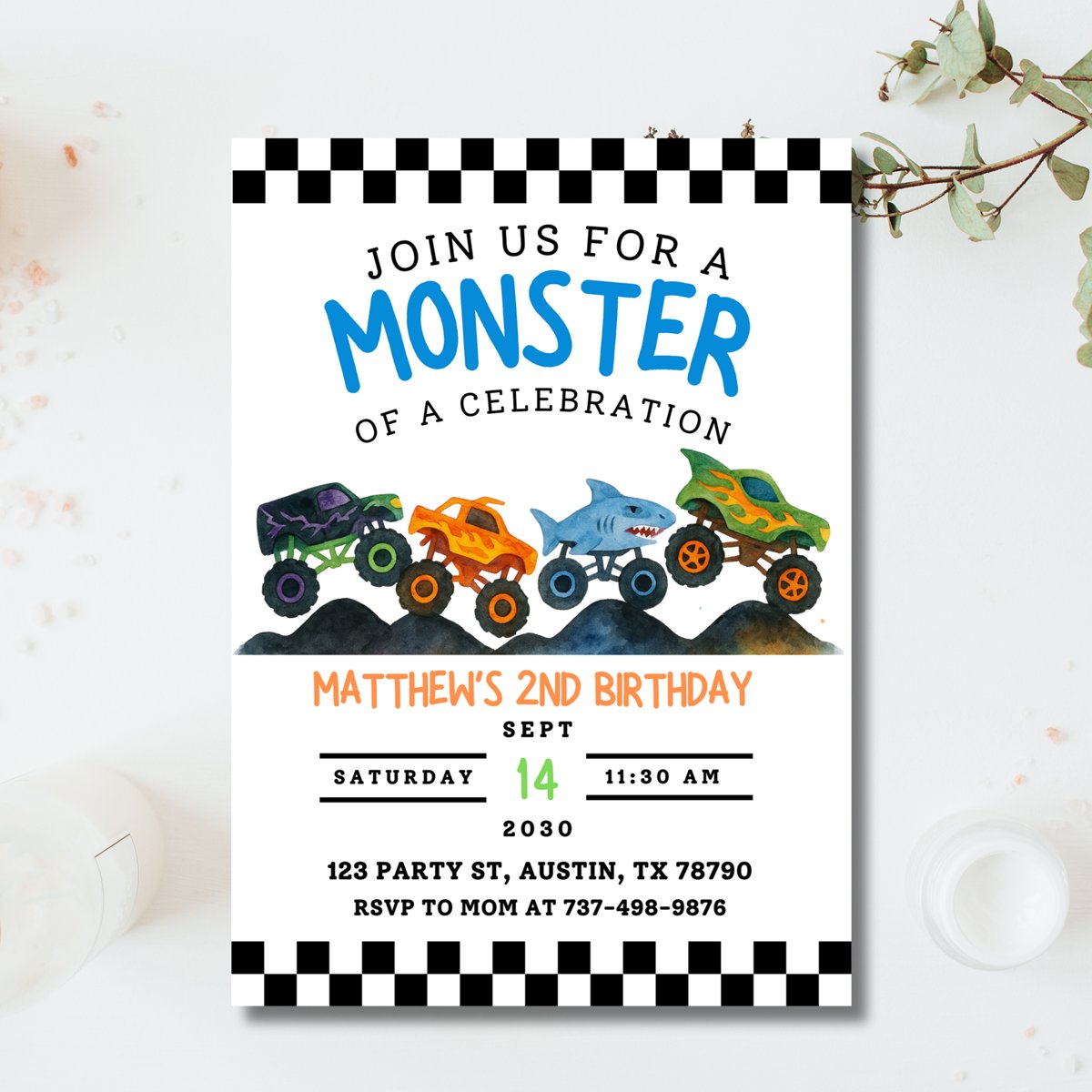 Monster Truck Birthday Invitation | Editable Canva Template | Boys 2nd Birthday Invite | Monster Jam Party | Watercolor Trucks Theme product image (3)
