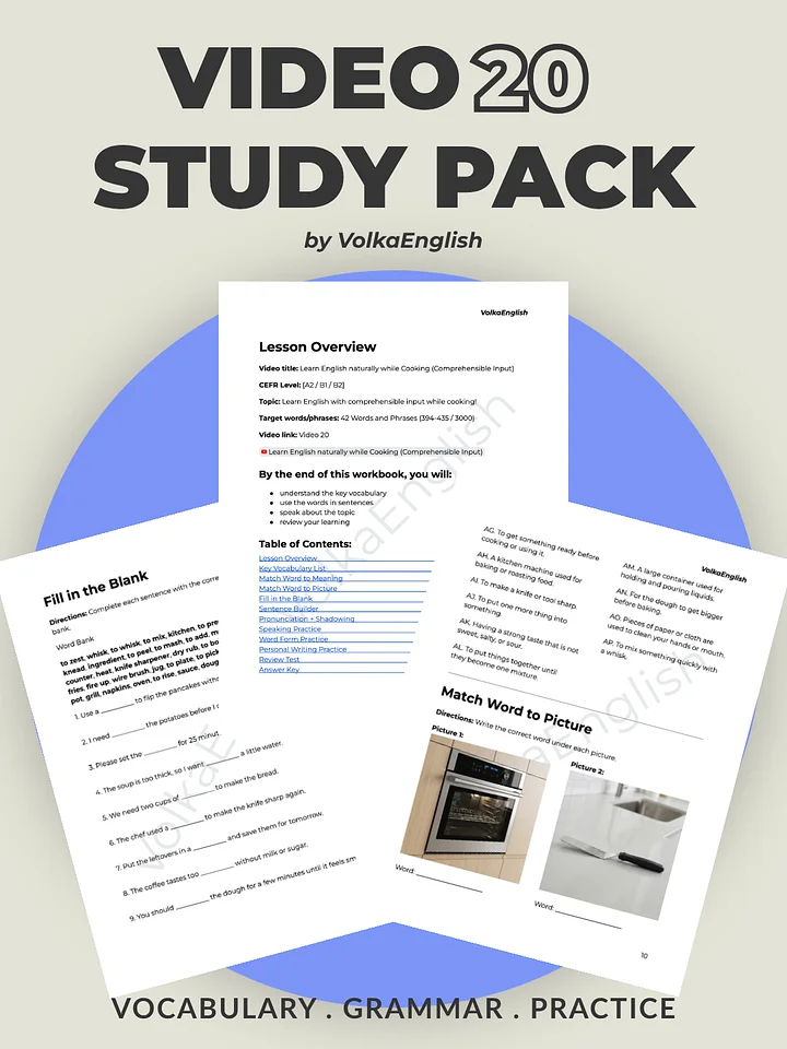 Learn English naturally while Cooking (Comprehensible Input) - Video 20 Study Pack product image (1)
