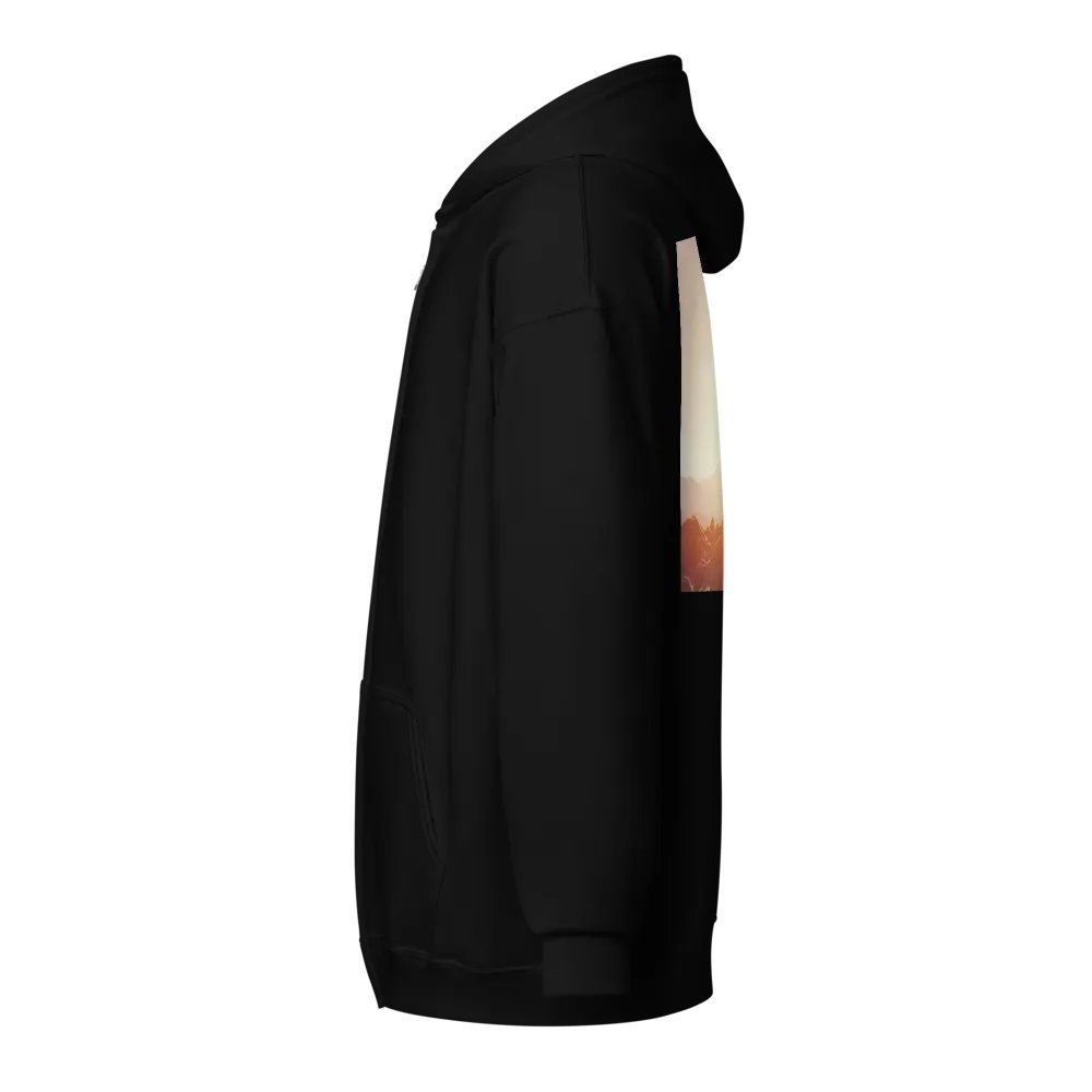 A cross placed on top of a rocky hill, bathed in the warm glow of a sunrise or sunset Hoodie product image (3)